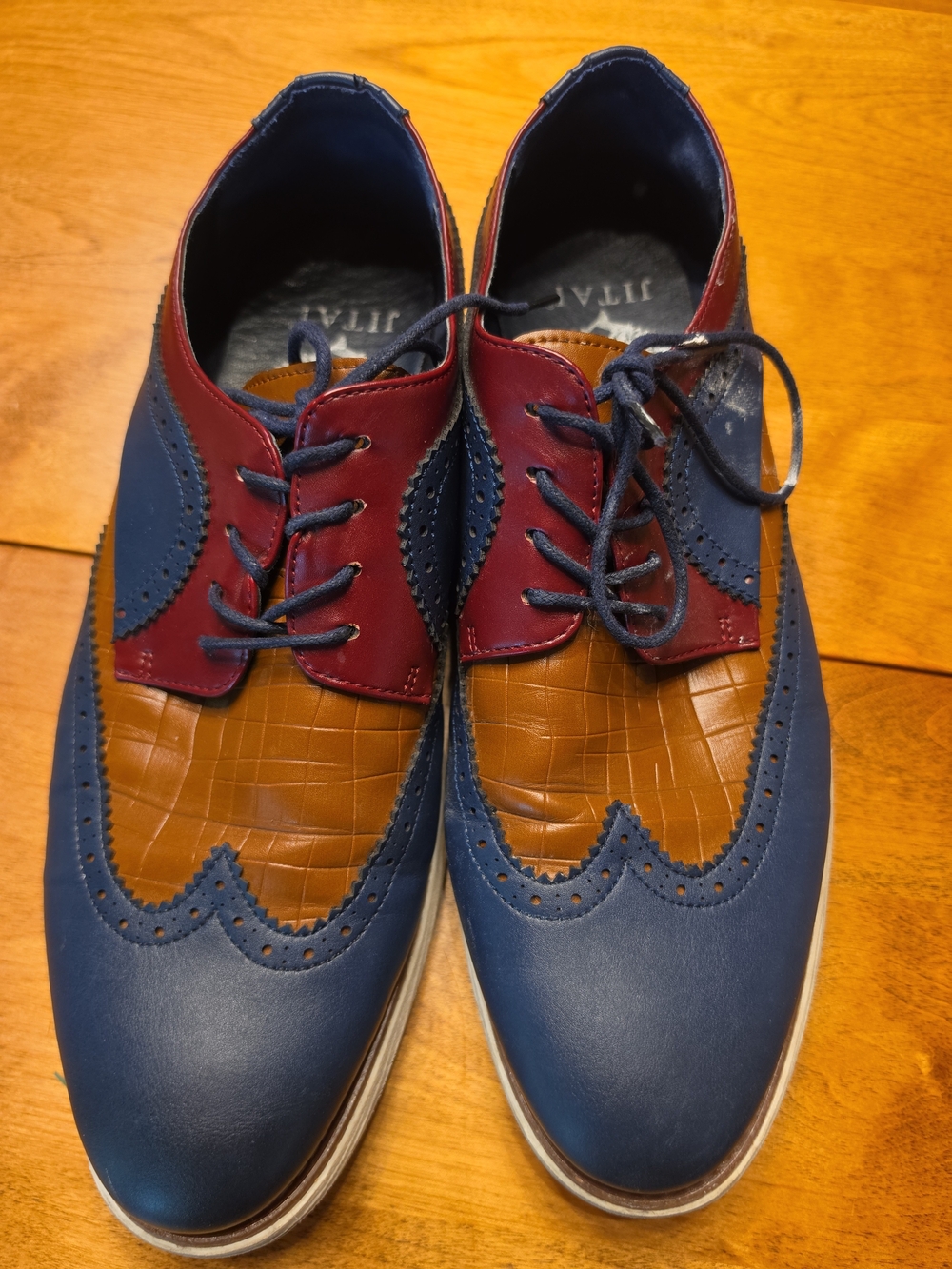 Men's Tri-Color Wingtip Oxfords - Blue/Burgundy/Tan Sz 11